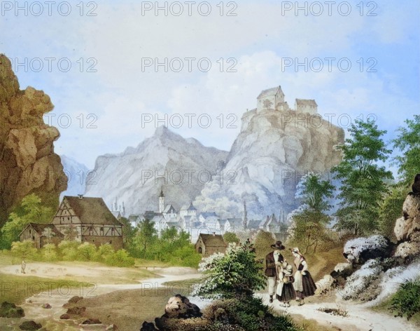 Pottenstein Castle and Village. climatic health resort. Franconian Switzerland. around 1850. Bayreuth district. Upper Franconia. Bavaria. Germany. digitally enhanced reproduction from a 19th-century original. colored. historical. exact date unknown