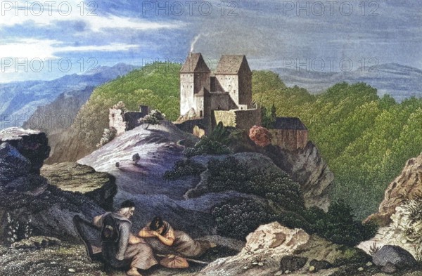 Rabeneck Castle. around 1850. high medieval aristocratic castle. Franconian Switzerland. Bayreuth district. Upper Franconia. Bavaria. Germany. digitally enhanced reproduction from a 19th-century original. colored. historical. exact date unknown