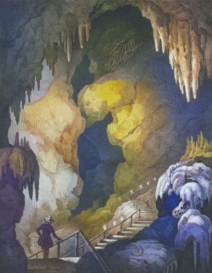 Rosenmüller Cave. also Rosenmüllers Cave. natural karst cave near Muggendorf. Franconian Switzerland. Forchheim district. Upper Franconia. Bavaria. Germany. digitally enhanced reproduction from a 19th-century original. colored. historical. exact date unknown