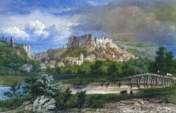 Castle and village of Streitberg. climatic health resort. Franconian Switzerland. around 1850. Forchheim district. Upper Franconia. Bavaria. Germany. digitally enhanced reproduction from a 19th-century original. colored. historical. exact date unknown