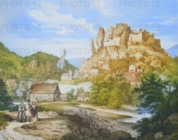 Castle and village of Streitberg. climatic health resort. Franconian Switzerland. around 1850. Forchheim district. Upper Franconia. Bavaria. Germany. digitally enhanced reproduction from a 19th-century original. colored. historical. exact date unknown