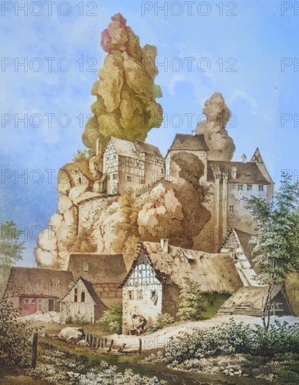 The Felsburg in Tüchersfeld. around 1850. Franconian Switzerland. Bayreuth district. Upper Franconia. Bavaria. Germany. digitally enhanced reproduction from a 19th-century original. colored. historical. exact date unknown