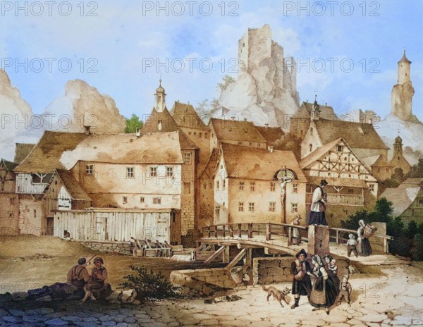 Village and castle ruins of Waischenfeld. Franconian Switzerland. around 1850. climatic health resort. Bayreuth district. Upper Franconia. Bavaria. Germany. digitally enhanced reproduction from an original from the 19th century. colored. historical. exact date unknown