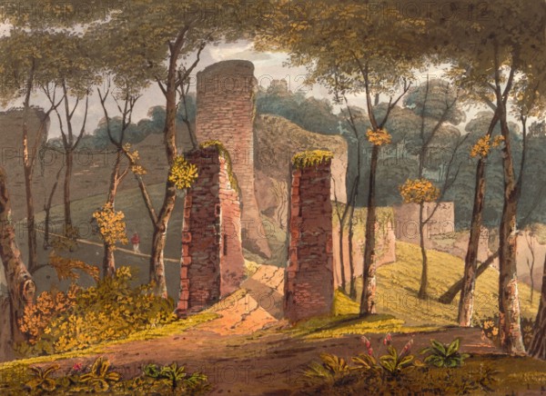 Entrance to Conisbrough Castle. a medieval fortress in Conisbrough. South Yorkshire. England. originally built in the 11th century by William de Warenne. the Earl of Surrey. after the Norman conquest of England in 1066. circa 1850. after a painting by Theodore Henry Adolphus Fielding. digitally enhanced reproduction. historical. exact date unknown