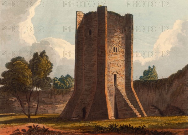 Watchtower of Conisbrough Castle. a medieval fortress in Conisbrough. South Yorkshire. England. originally built in the 11th century by William de Warenne. the Earl of Surrey. after the Norman conquest of England in 1066. circa 1850. after a painting by Theodore Henry Adolphus Fielding. digitally enhanced reproduction. historical. exact date unknown