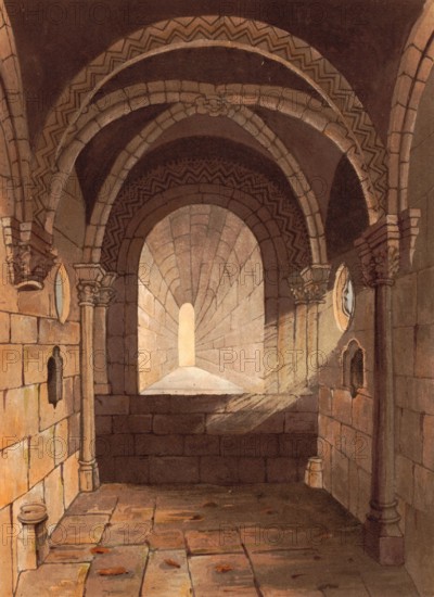 Saxon Chapel of Conisbrough Castle. a medieval fortress in Conisbrough. South Yorkshire. England. The castle was originally built in the 11th century by William de Warenne. the Earl of Surrey. after the Norman conquest of England in 1066. circa 1850. after a painting by Theodore Henry Adolphus Fielding. digitally enhanced reproduction. historical. exact date unknown