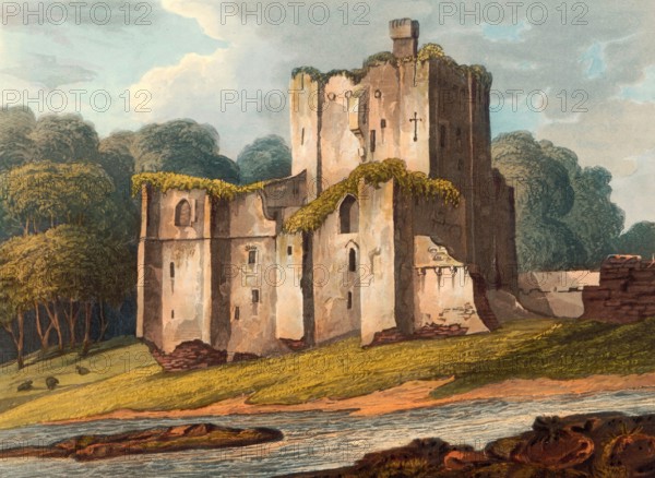 Brougham Castle. a medieval castle about 2 miles southeast of Penrith. Cumbria. England. circa 1850. after a painting by Theodore Henry Adolphus Fielding. digitally enhanced reproduction. historical. exact date unknown