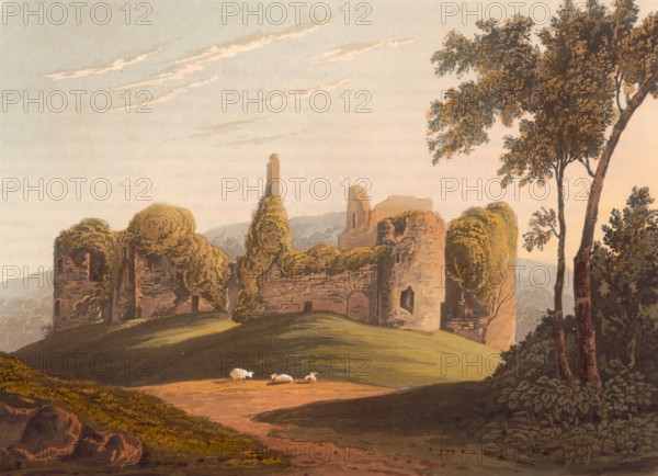 Grosmont Castle. castle ruins in Monmouthshire. Wales. around 1850. after a painting by Theodore Henry Adolphus Fielding. digitally improved reproduction. historical. exact date unknown