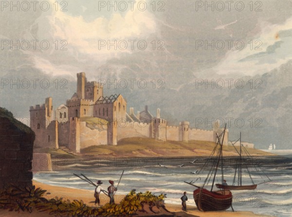 Peel Castle. castle ruins in Peel on the British Isle of Man. originally built by the Vikings. around 1850. after a painting by Theodore Henry Adolphus Fielding. digitally enhanced reproduction. historical. exact date unknown