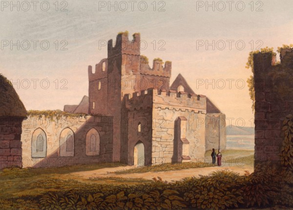 The cathedral at Peel Castle. castle ruins in Peel on the British Isle of Man. originally built by the Vikings. around 1850. after a painting by Theodore Henry Adolphus Fielding. digitally enhanced reproduction. historical. exact date unknown