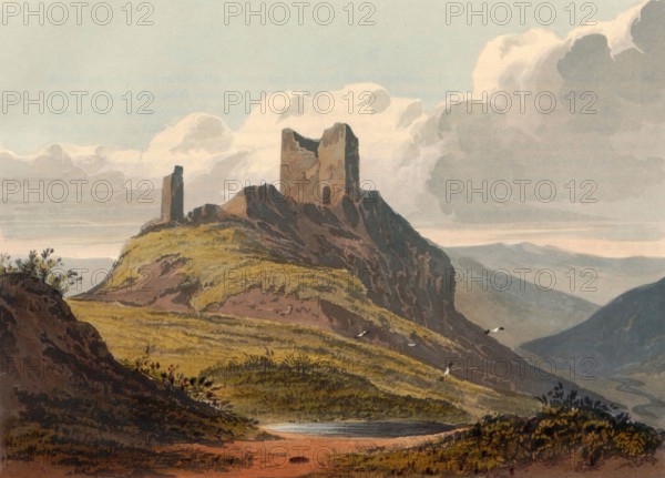 Dolwyddelan Castle. castle ruins in Conwy. Wales. around 1850. after a painting by Theodore Henry Adolphus Fielding. digitally improved reproduction. historical. exact date unknown