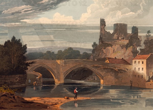 Barnard Castle. castle and surrounding town in County Durham. northern England. around 1850. after a painting by Theodore Henry Adolphus Fielding. digitally enhanced reproduction. historical. exact date unknown