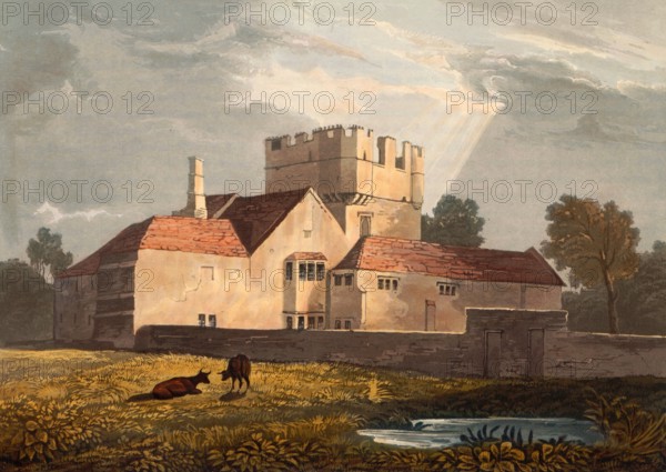 Mortham Tower. a fortified farmhouse and pele tower from the reign of King Henry VII (1485–1509) on the border between Durham and North Yorkshire. England. around 1850. after a painting by Theodore Henry Adolphus Fielding. digitally enhanced reproduction. historical. exact date unknown