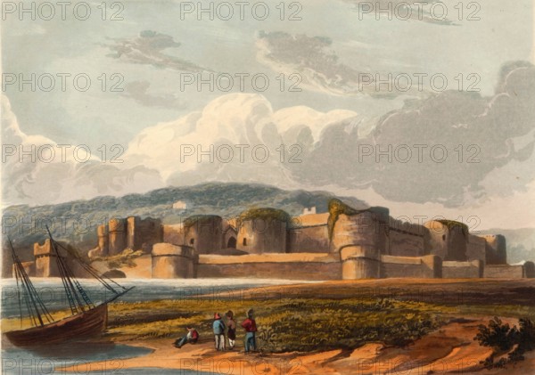 Beaumaris Castle. ruins of a castle in the town of the same name on the island of Anglesey in Wales. around 1850. after a painting by Theodore Henry Adolphus Fielding. digitally improved reproduction. historical. exact date unknown