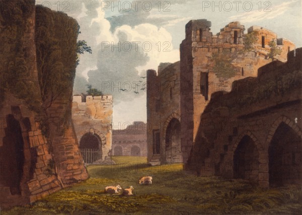 Entrance to Beaumaris Castle. ruins of a castle in the town of the same name on the island of Anglesey in Wales. around 1850. after a painting by Theodore Henry Adolphus Fielding. digitally improved reproduction. historical. exact date unknown