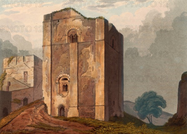 Watchtower of Goodrich Castle. medieval castle ruins from Norman times. north of the village of Goodrich in the English county of Herefordshire. England. around 1850. after a painting by Theodore Henry Adolphus Fielding. digitally improved reproduction. historical. exact date unknown