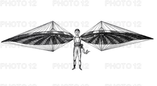 Flying machine from 1811 from Ulm. glider by Albrecht Ludwig Berblinger. the tailor from Ulm. Baden-Württemberg. Germany. Historical. authentic. digitally restored reproduction from a 19th-century model