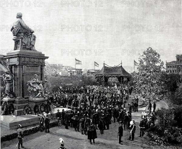 The unveiling of the Deak Monument. statue of Ferenc Deak. in Budapest on 29 September 1887. Hungary. historical. authentic. digitally restored reproduction from a 19th-century original