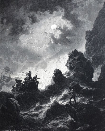 Night of terror. hurricane on the coast. lifeboat and wrecked sailing ship. distress at sea. 1880. North Sea. France. historical. authentic. digitally restored reproduction from an original from the 19th century