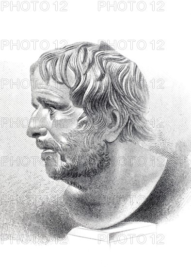 Seneca. Roman bust from the museum in Naples. 1880. Italy. Historical. authentic. digitally restored reproduction from a 19th-century original