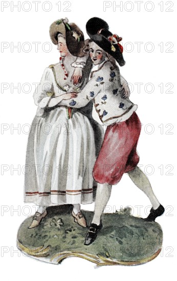 Costumes based on porcelain figurines in Germany and Austria. Rococo. Höchst and Frankenthal. 1760. historical. authentic. digitally restored reproduction from a 19th-century model