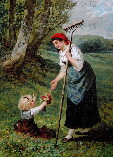 Mother's Day. little girl giving her mother a bouquet of flowers. field work with a wooden rake. spring landscape. 1890. historical. authentic. digitally restored reproduction from an original from the 19th century