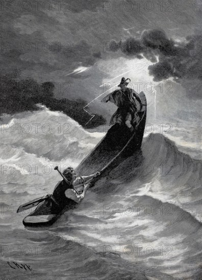Thurnhammer goes out to sea in a boat during a storm. high waves. risk. 1880. historical. authentic. digitally restored reproduction from a 19th-century original