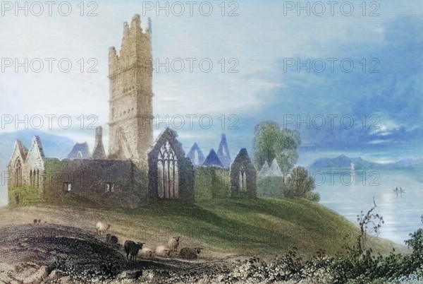 Moyne Abbey. Killala. County Mayo. Ireland. from The Landscape and Antiquities of Ireland. 1841. digital reproduction of a historical original