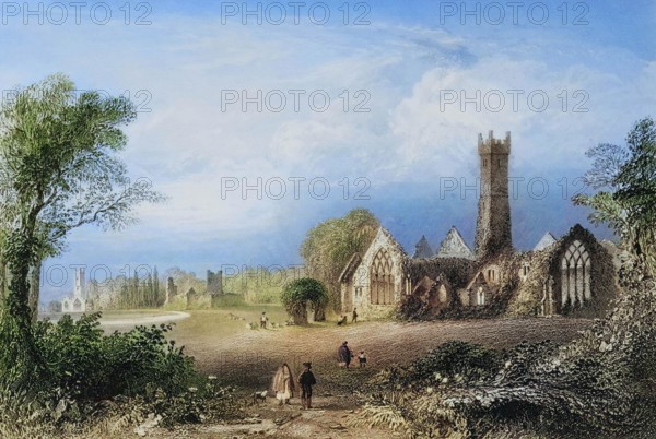Augustinian Abbey. Adare. Ireland. With the Fitzgerald Castle and the Francescan Abbey. from The Scenery and Antiquities of Ireland. 1841. digital reproduction of a historical original