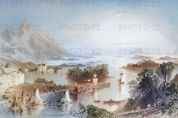 Clew Bay from West Port. County Mayo. Ireland. from The Scenery and Antiquities of Ireland. 1841. digital reproduction of a historical original
