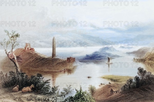 Devenish Island. Loch Erne. County Fermanagh. Ireland. from The Scenery and Antiquities of Ireland. 1841. digital reproduction of a historical original