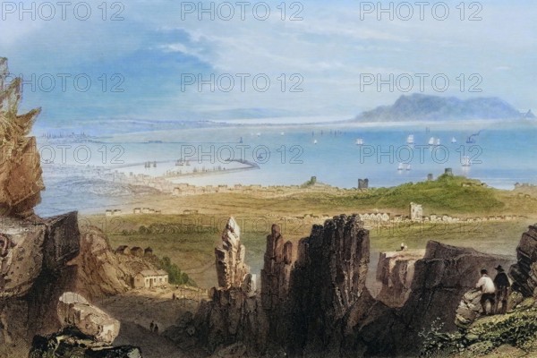 Dublin Bay. from the quarries of Kingstown. Diblin. Ireland. from The Scenery and Antiquities of Ireland. 1841. digital reproduction of a historical original