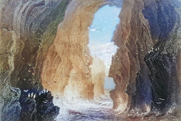 Dunkerry Cave. County Antrim. Ireland. from The Scenery and Antiquities of Ireland. 1841. digital reproduction of a historical original