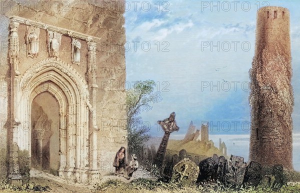 Entrance to Temple Mcdermot. Clonmacnoise. Ireland. from The Landscape and Antiquities of Ireland. 1841. digital reproduction of a historical original