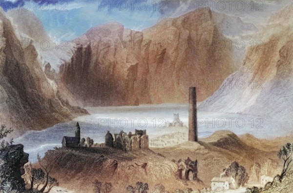 Glendalough. County Wicklow. Ireland. from The Landscape and Antiquities of Ireland. 1841. digital reproduction of a historical original