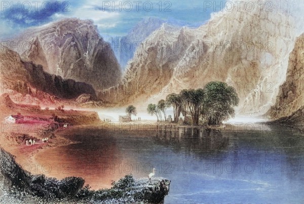 Gougane Barra Lake. County Cork. Ireland. from The Landscape and Antiquities of Ireland. 1841. digital reproduction of a historical original