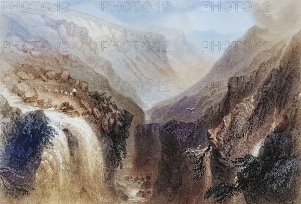 Head of Glenmalure. County Wicklow. Ireland. from The Landscape and Antiquities of Ireland. 1841. digital reproduction of a historical original
