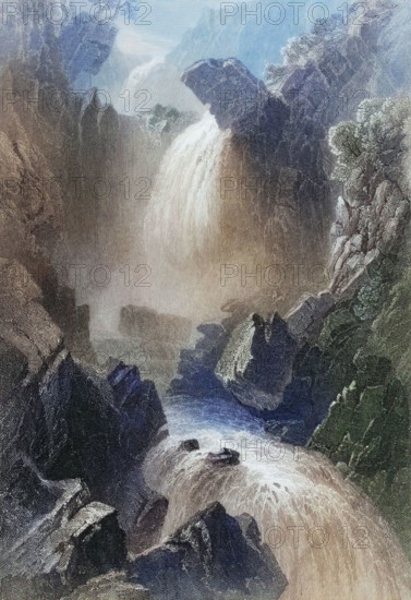 Head of the Devil's Glen. County Wicklow. Ireland. from The Scenery and Antiquities of Ireland. 1841. digital reproduction of a historical original