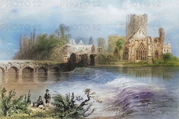 Holy Cross Abbey. on the Suir. County Tipperary. Ireland. from The Scenery and Antiquities of Ireland. 1841. digital reproduction of a historical original