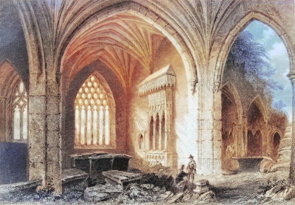 Interior of Holy Cross Abbey. County Tipperary. Ireland. from The Scenery and Antiquities of Ireland. 1841. digital reproduction of a historical original