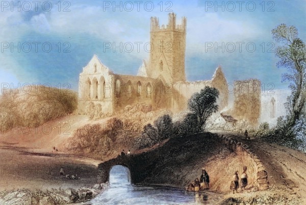 Jerpoint Abbey. Thomastown. County Kilkenny. Ireland. from The Scenery and Antiquities of Ireland. 1841. digital reproduction of a historical original