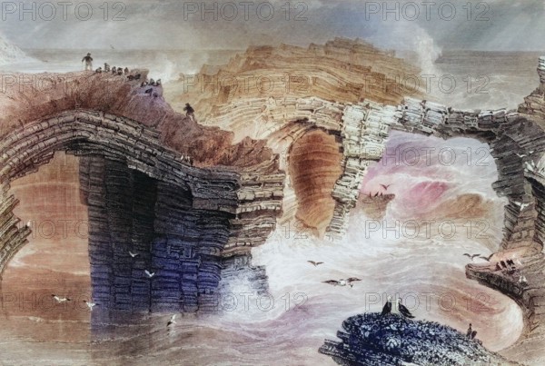 Natural bridges near Kilkee. County Clare. Ireland. from Scenery and Antiquities of Ireland. 1841. digital reproduction of a historical original