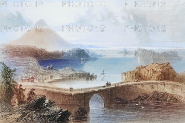 Pontoon Bridge. Lough Conn. Ireland. from The Landscape and Antiquities of Ireland. 1841. digital reproduction of a historical original