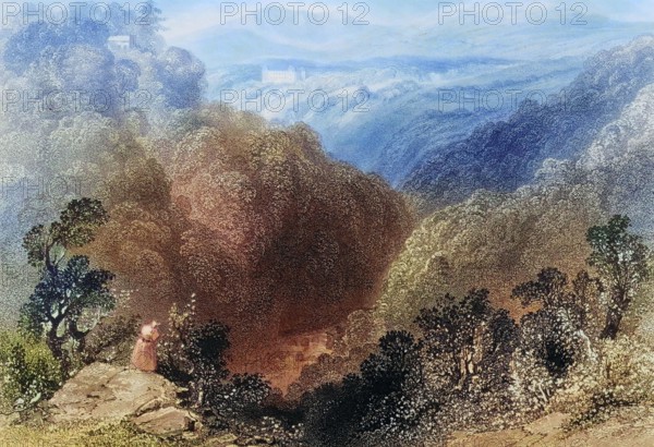 Powerscourt from the Dargle. County Wicklow. Ireland. from The Scenery and Antiquities of Ireland. 1841. digital reproduction of a historical original