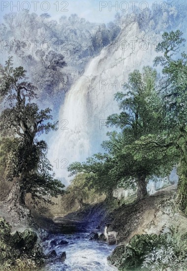 Powerscourt Fall. County Wicklow. Ireland. from The Landscape and Antiquities of Ireland. 1841. digital reproduction of a historical original