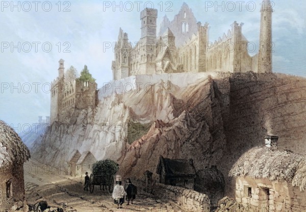 Rock of Cashel. Connemara. County Galway. Ireland. from The Landscape and Antiquities of Ireland. 1841. digital reproduction of a historical original