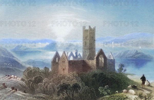 Roserk Abbey. County Mayo. Ireland. from The Landscape and Antiquities of Ireland. 1841. digital reproduction of a historical original
