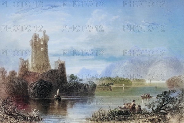 Ross Castle. County Kerry. Killarney. Ireland. from The Scenery and Antiquities of Ireland. 1841. digital reproduction of a historical original