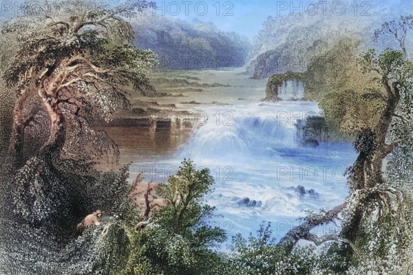 Salmon Leap near Leixlip. County Kildare. Ireland. from Landscape and Antiquities of Ireland. 1841. digital reproduction of a historical original
