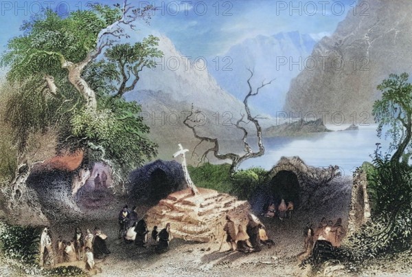 Scene in Gougane Barra. County Cork. Ireland. from The Scenery and Antiquities of Ireland. 1841. digital reproduction of a historical original
